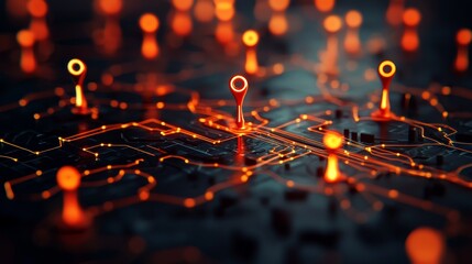 A vibrant, illuminated map featuring glowing location markers interconnected by luminous lines, suggesting a digital navigation system.