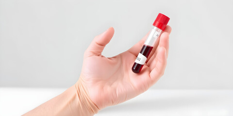 A hand holding a blood sample in a red tube