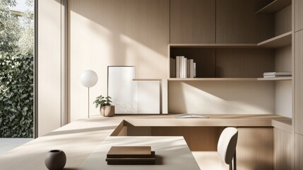 Fototapeta premium Minimalist modern home office with clean, stylish design. Featuring neutral tones and sleek furnishings