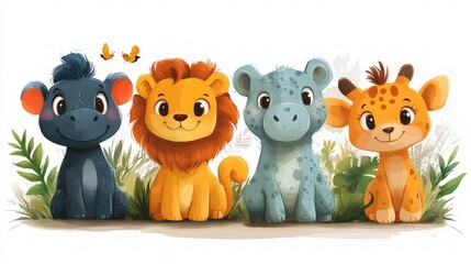 Naklejka premium Four adorable baby animals sitting in grass.