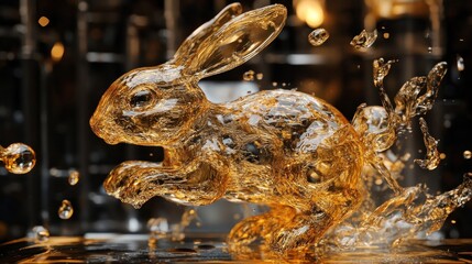 Golden Liquid Rabbit In Motion Artistic Splash