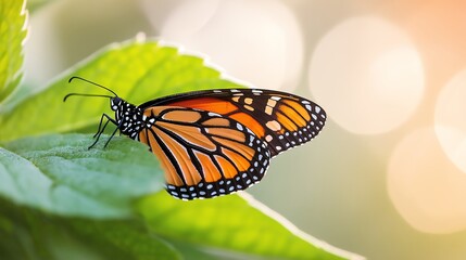 Fototapeta premium A vibrant Monarch butterfly perched delicately on a green leaf, showcasing its striking orange and black wings against a soft, blurred background.