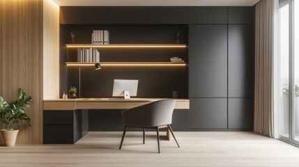 Fototapeta premium Minimalist modern home office with clean, stylish design. Featuring neutral tones and sleek furnishings