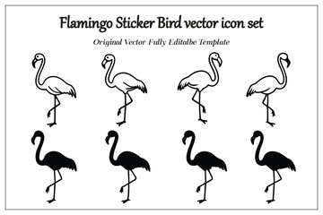 Obraz premium Flamingo Sticker Bird vector icon set, silhouette style white background.