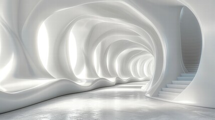 Fototapeta premium A white room with a long hallway with white walls and white stairs