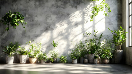 Fototapeta premium Sunlit Interior with Greenery and Concrete Wall - 3D Illustration