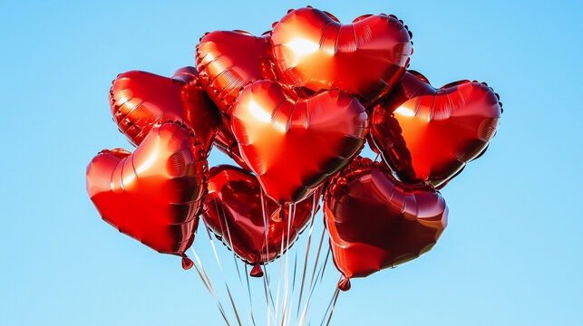 bouquet of helium-filled, heart-shaped red balloons floating against a clear blue sky - Powered by Adobe