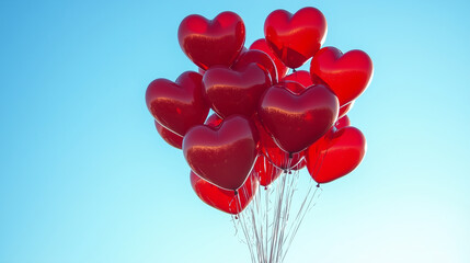 bouquet of helium-filled, heart-shaped red balloons floating against a clear blue sky
