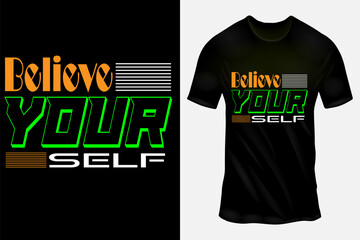 Fototapeta premium Black T-Shirt Mockup with Believe Yourself Typography in Bold Green, Orange, and White Design
