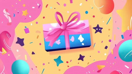 Obraz premium Festive Gift Box with Pink Bow and Abstract Doodles on Yellow Background - Birthday Celebration Design