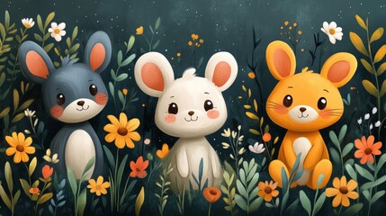 Naklejka premium Three bunnies amidst blooming wildflowers.