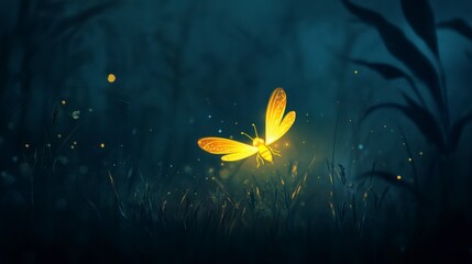 Glowing Firefly in Dark Night Field, Magical Insect, Fantasy, Nature Scene