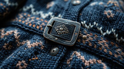 closeup macro of buckle on traditional nordic woolen blue woolen sweater pattern