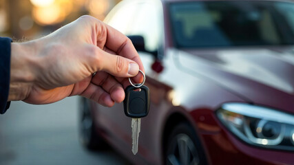 Car owner hands over the car keys to the buyer. Sale, rent, lease of cars.