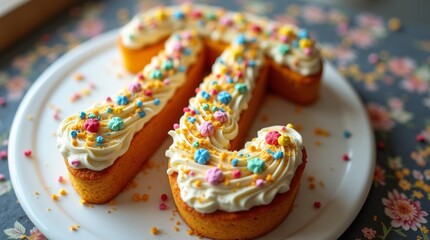 A beautifully decorated cake shaped like the pi symbol (π), adorned with colorful frosting and sprinkles