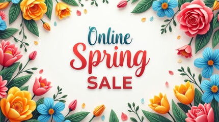 digital banner showcasing an "Online Spring Sale" with colorful flowers and discount tags