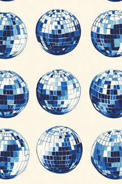 Set of blue and silver disco balls with blings. Retro music party shining spheres. Mirror balls for nightclub discotheque in 70s 80s 90s vintage style