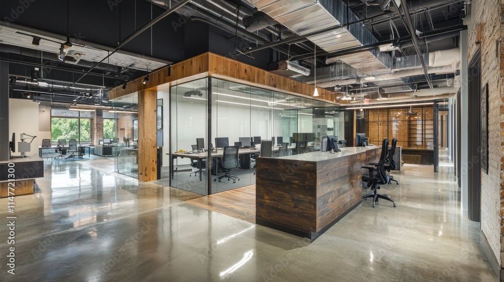 Poster a large open office space with a wooden reception desk