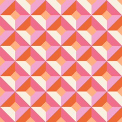 Vibrant geometric pattern with tessellated diamonds in orange, pink, and cream, creating 3D illusion. Perfect for wallpapers, textiles, packaging, web backgrounds, or modern interior design projects.