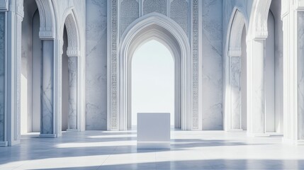 White Marble Hallway With Central Display Cube