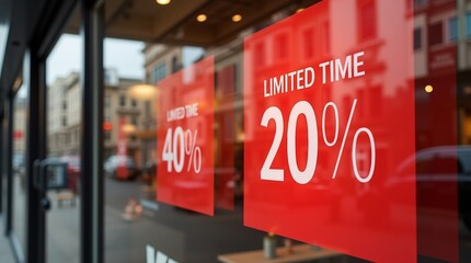Bold red limited time offer signs on a modern store display, with soft reflections on the glass and an inviting retail setting, creating urgency for shoppers.