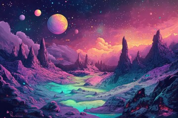 Ai generative A Colorful Alien Landscape with Mountains and a Starry Sky