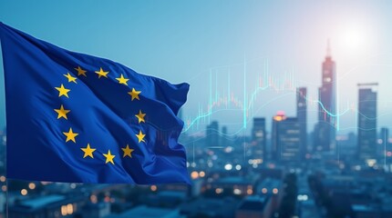 European Union flag waves in the foreground with cityscape and financial graphs, symbolizing economic trends and developments in the EU region