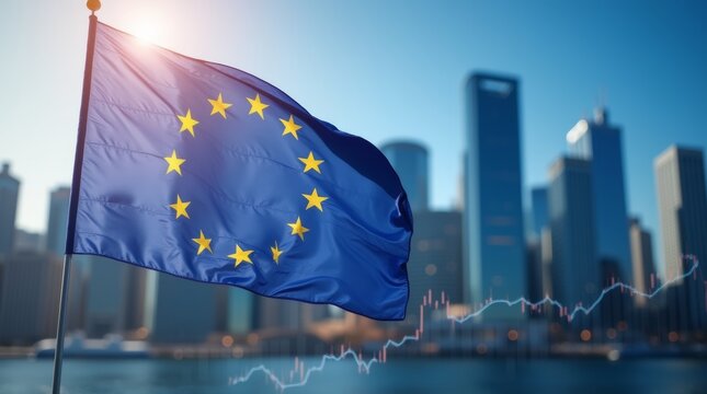 European Union flag waves in the foreground with cityscape and financial graphs, symbolizing economic trends and developments in the EU region