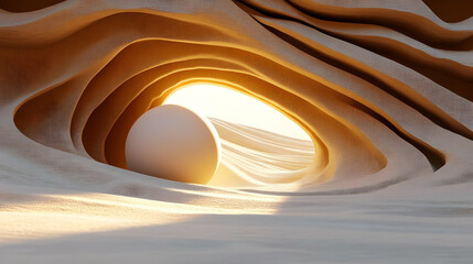 Abstract 3D Render: Beige Cave with White Sphere