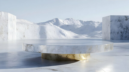 3D Render White Marble Platform Minimalist Winter Mountain Background