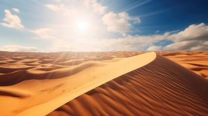 A serene desert landscape showcasing golden sand dunes under a bright blue sky.