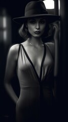 A stunning woman of Middle Eastern descent in a low-cut dress and hat exudes vintage glamour in moody monochrome tones.