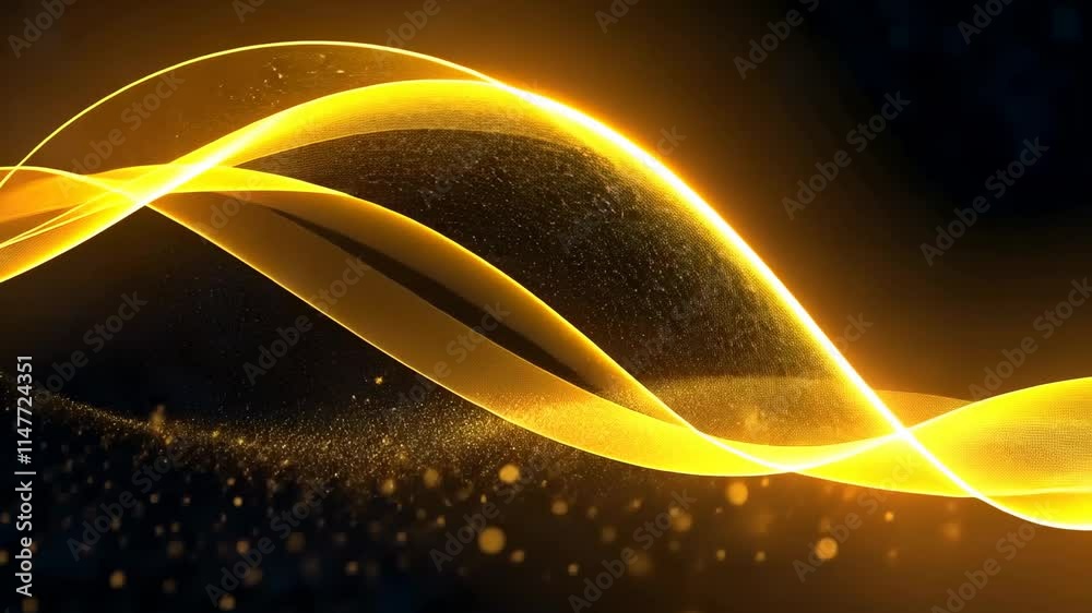 Poster Mesmerizing video with swirling golden light trails and sparkling particles on deep black. Elegant and luxurious abstract motion design. Perfect for premium visuals.