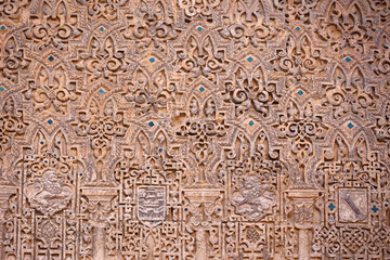Moorish wall ornament in Alcazar Real of Seville, Andalusia, Spain 