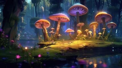 A magical forest scene featuring vibrant, luminescent mushrooms surrounded by serene water and soft, ethereal lighting.