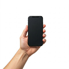 hand holding black smartphone isolated on white background