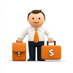 Friendly Businessman Carrying Briefcase and Money Bag in Animated Style