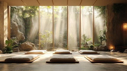 Serene zen room; waterfall view, meditation mats.