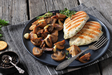 grilled chicken breasts with mushrooms, top view