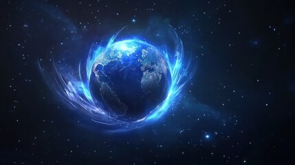 Naklejka premium Glowing blue energy surrounds Earth in space.