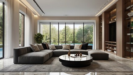 Living room with sunken seating area, built-in couches, recessed lighting, contemporary design, and marble floors, realistic 3D rendering.