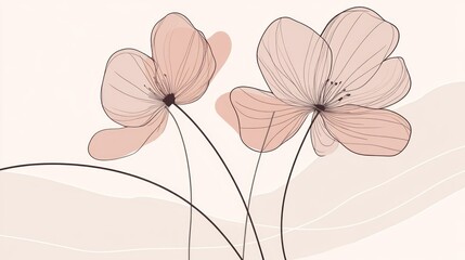 Elegant minimalist line art floral illustration with blush pink flowers and beige background.