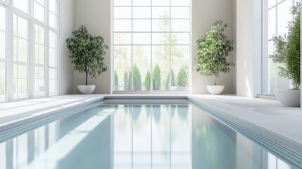 Fototapeta premium Minimalist modern indoor pool with clean, sophisticated design. Featuring neutral tones and sleek finishes
