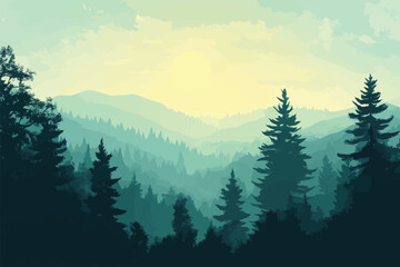 Fototapeta premium Peaceful Morning View of Hills and Forest with Sunlight