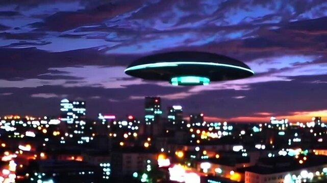 Flying Saucer UFO Drone Over the City at Night