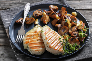 grilled chicken breasts with mushrooms, top view