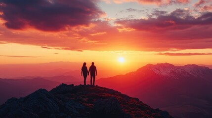Obraz premium A beautiful sunrise on a mountaintop with two people holding hands, staring at the horizon, symbolizing hope, personal growth, and new opportunities.