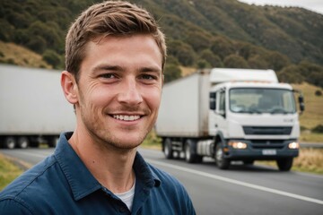 Close portrait of a smiling young New Zealander male truckdriver looking at the camera, against New Zealander blurred background.