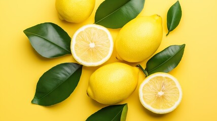 Lemons and leaves arranged on a yellow background.