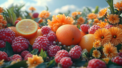 Orange, Lemon, and Raspberry Fruit Still Life with Flowers Illustration